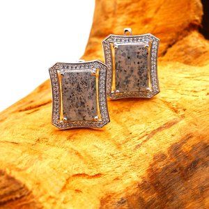 Yttrium Black Speckled Gray Jade Rectangle Stud Silver Designer Earrings